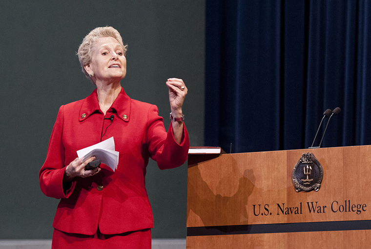 Swanee Hunt, the Eleanor Roosevelt lecturer in public policy at Harvard University’s Kennedy School of Government, delivers her lecture “Inclusive Security: Vital or Vacuous?” at the U.S. Naval War College. 