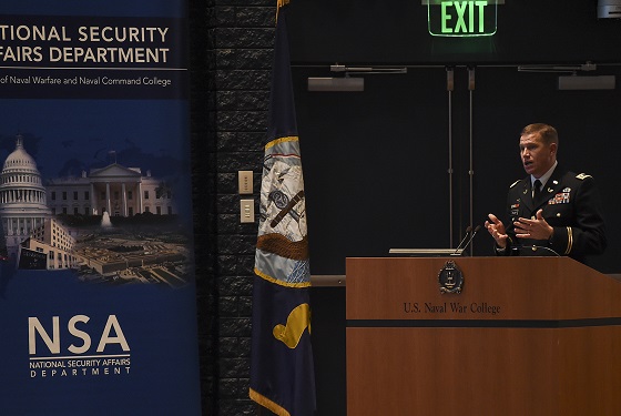 Army Lt. Col. Patrick Pflaum, a U.S. Naval War College student in the National Security Affairs department participates in the National Security Decision Making Final Exercise in the college’s Spruance auditorium in Newport, Rhode Island.