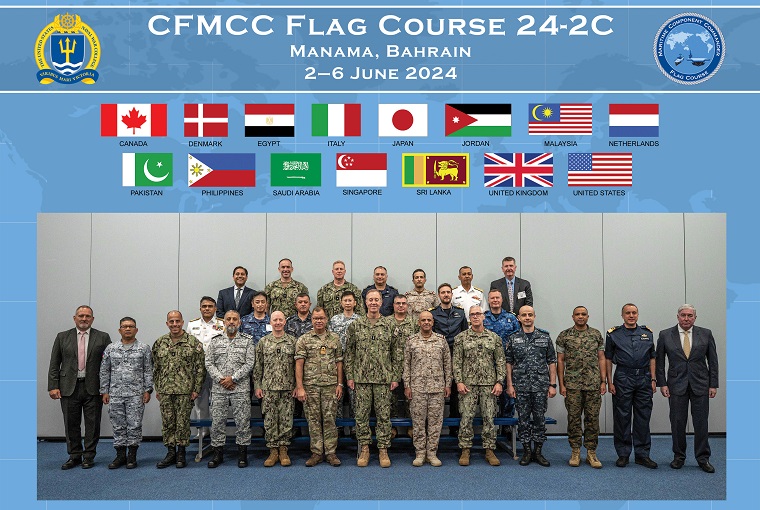 Students from the U.S. Naval War College’s (NWC) Combined Force Maritime Component Commander Course (CFMCC) pose for a photo on board Naval Support Activity Bahrain in Manama, Bahrain , June 2, 2024.