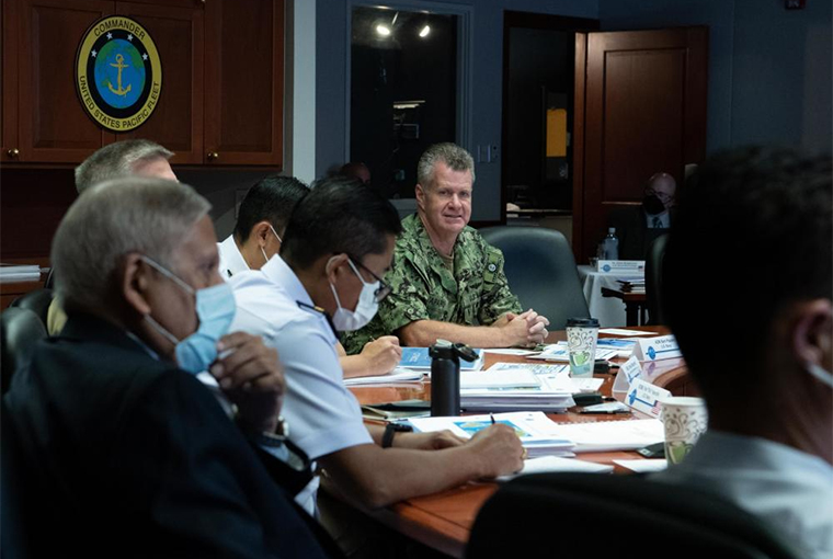 Adm. Samuel Paparo, commander, U.S. Pacific Fleet, speaks to attendees of the Combined Force Maritime Component Commander Flag Officer Course. 