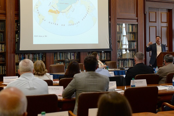 Peter Dutton, director of the China Maritime Studies Institute at U.S. Naval War College (NWC), speaks to participants of the 2016 Center on Irregular Warfare and Armed Groups Symposium at NWC in Newport, Rhode Island.