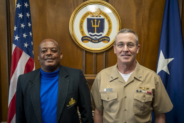 U.S. Naval War College President Rear Adm. Pete Garvin met with Commander of the Royal Bahamas Defence Force Commodore Raymond King and Commander of the Rhode Island Air National Guard Brig. Gen. Kimberly Baumann.