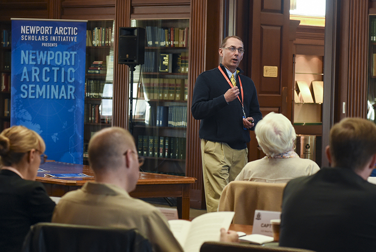 James Holmes, professor, U.S. Naval War College’s Strategy and Policy Department, speaks on the principles of seapower during the Newport Arctic Scholars Initiative held at NWC’s Mahan Reading Room.