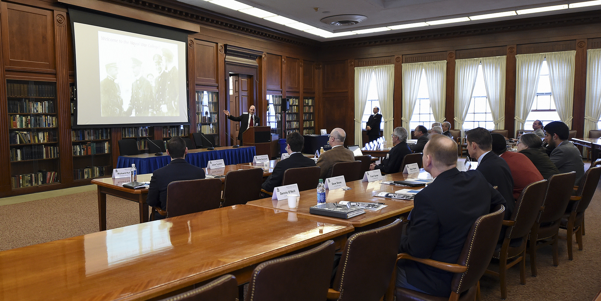  David Kohnen, professor of maritime history at the Center of Naval Warfare Studies and College of Operational and Strategic Leadership at U.S. Naval War College (NWC), provides opening remarks during the first Maritime History Symposium held at NWC in Newport, Rhode Island.