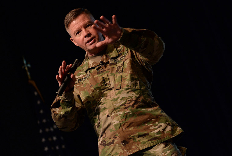 U.S. Army Gen. David G. Perkins addressing students