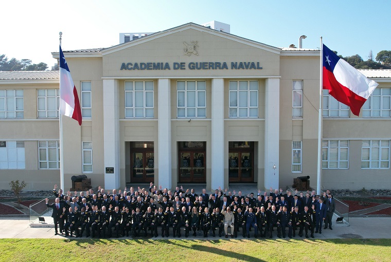 Alumni gathered outside of Academia de Guerra Naval in Chile
