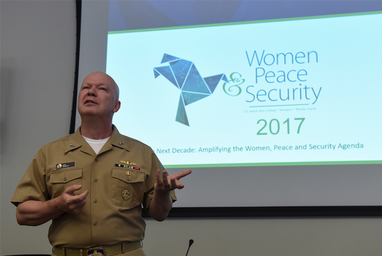 Rear Adm. Jeffrey A. Harley, president, U.S. Naval War College (NWC), speaks during the 2017 Women, Peace and Security Conference at NWC in Newport, Rhode Island.