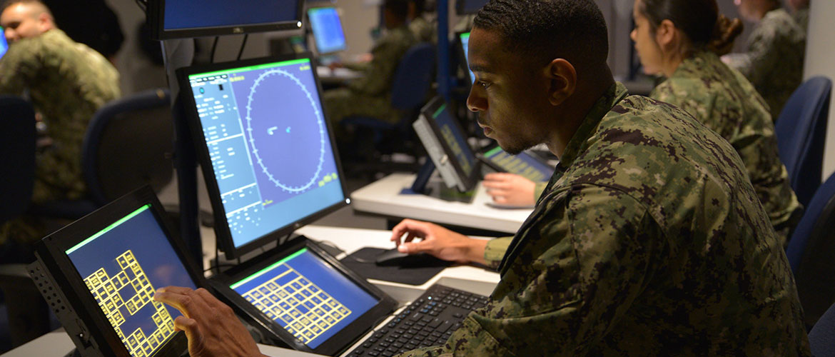 Students at the Center for Combat Systems Unit Great Lakes use technology in the Ship's Self Defense System lab while attending Operations Specialist "A" School, April 26, 2019.