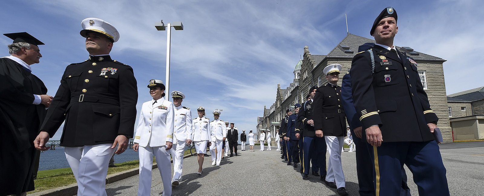 Students of U.S. Naval War College’s (NWC) 2017 graduating class participate in a commencement ceremony at NWC in Newport, Rhode Island.
