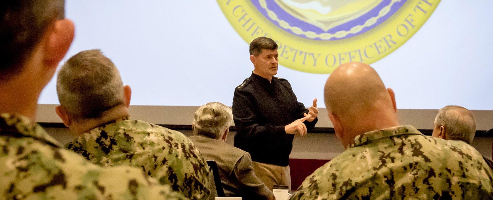Vice Chief of Naval Operations Adm. Bill Moran speaks to command master chiefs from around the Navy at the 2019 Leadership Mess Symposium.