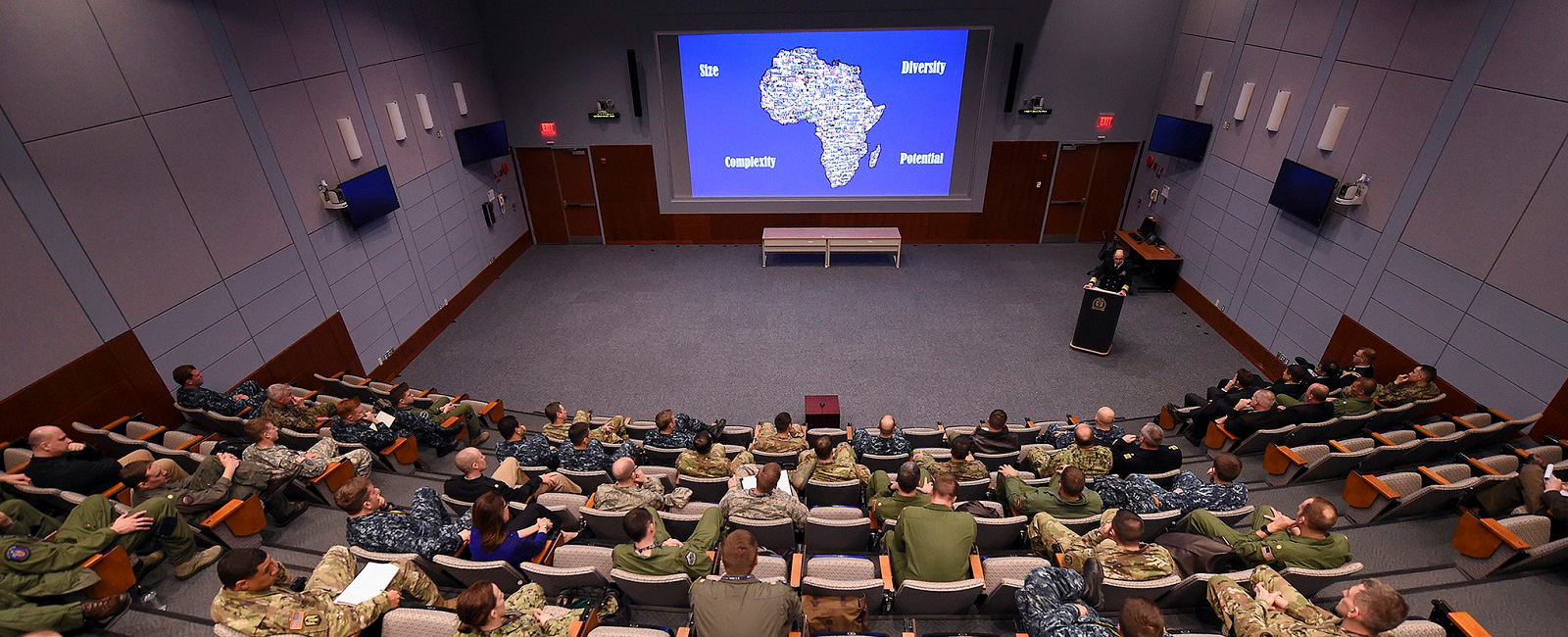 Vice Adm. Michael T. Franken, deputy to the commander for military operations, U.S. Africa Command, addresses students, staff and faculty from U.S. Naval War College’s Maritime Advanced Warfighting School in Newport, Rhode Island.