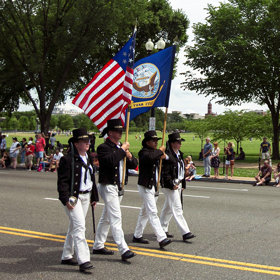 Sailors from USS Constitution march as color guard during the National Memorial Day Parade in Washington D.C. The National Memorial Day Parade shares the story of American honor and sacrifice from across the generations.