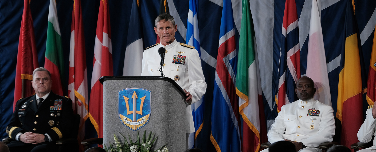 Vice Adm. Andrew Lewis, commander of Joint Force Command Norfolk delivers remarks at the Joint Force Command Norfolk Full Operational Capability ceremony.