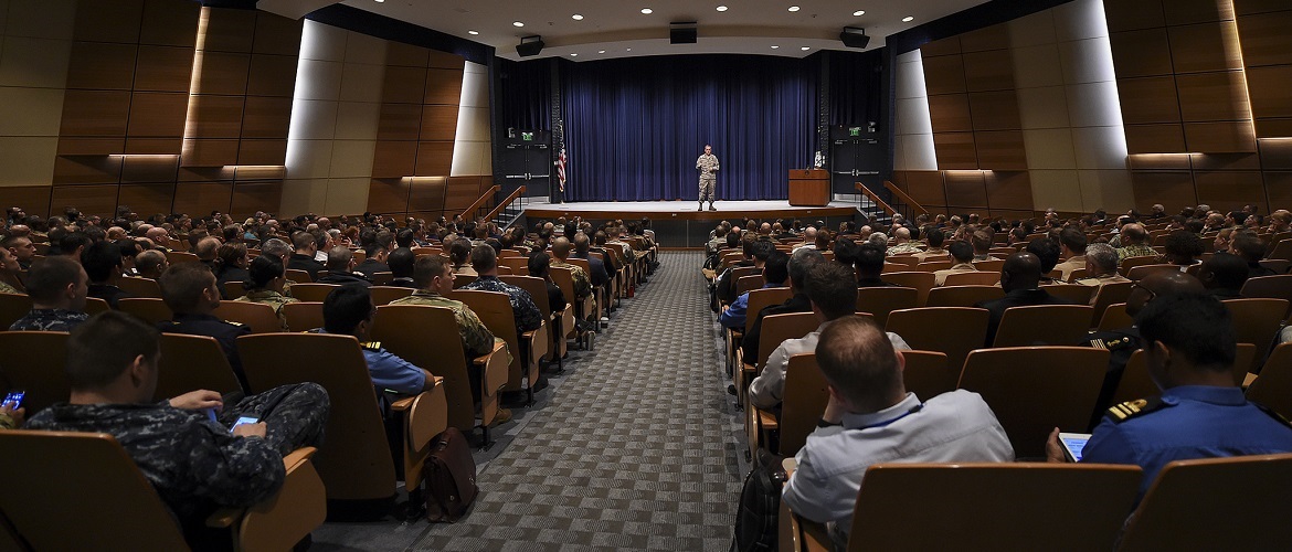 U.S. Air Force Gen. John E. Hyten, commander of U.S. Strategic Command (USSTRATCOM), addresses U.S. Naval War College (NWC) students on the role of USSTRATCOM and 21st century deterrence during a visit to NWC in Newport, Rhode Island.