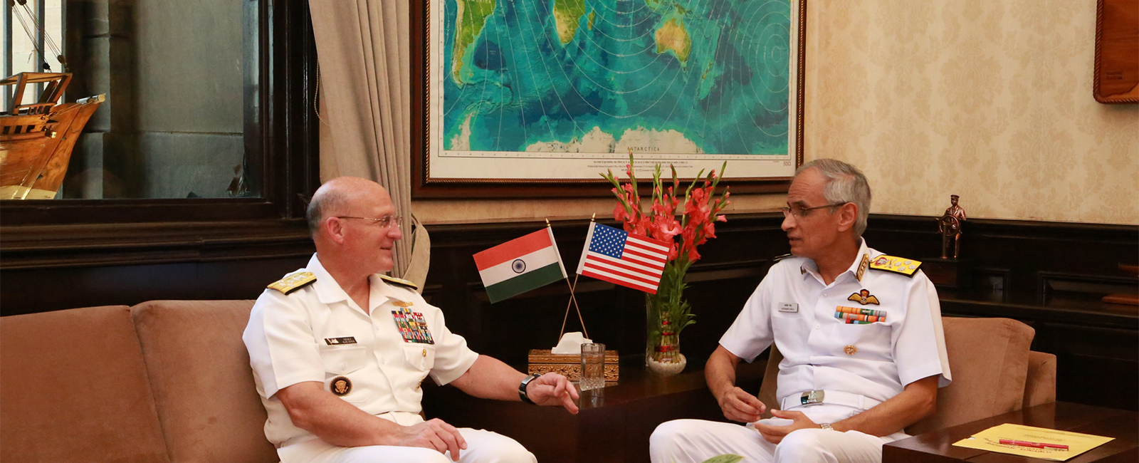 Chief of Naval Operations (CNO) Adm. Mike Gilday, left, meets with Indian navy Chief of Naval Staff Adm. Karambir Singh.